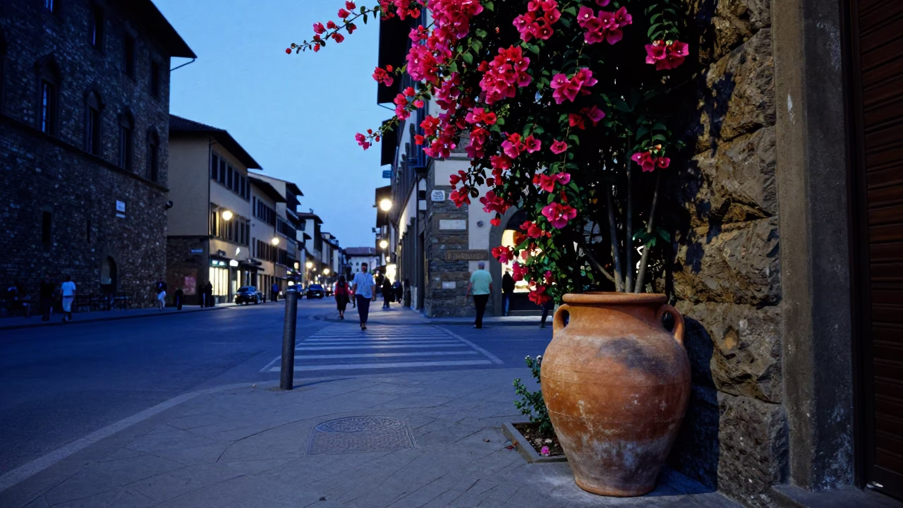 Street Scene in Florence at The Last Blue Light Of Evening in in Florence, Italy