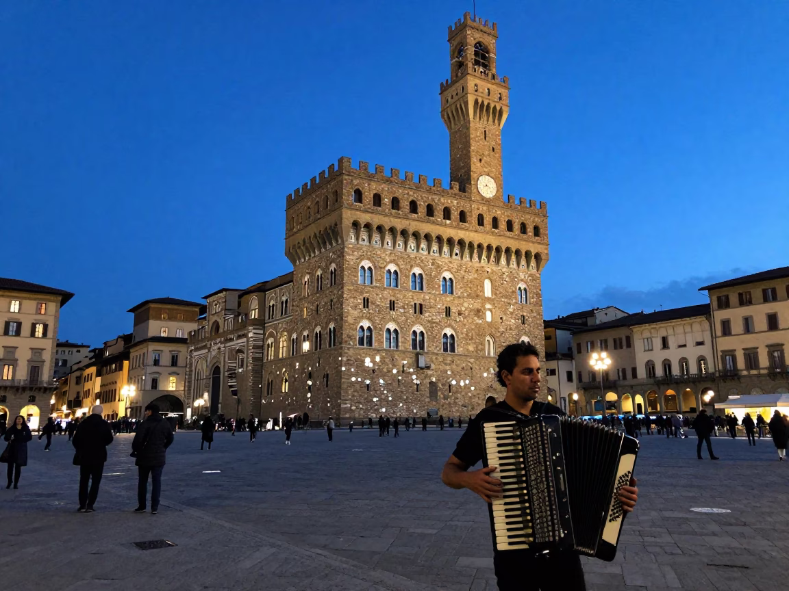 Street Scene in Florence at Twilight in in Florence, Italy