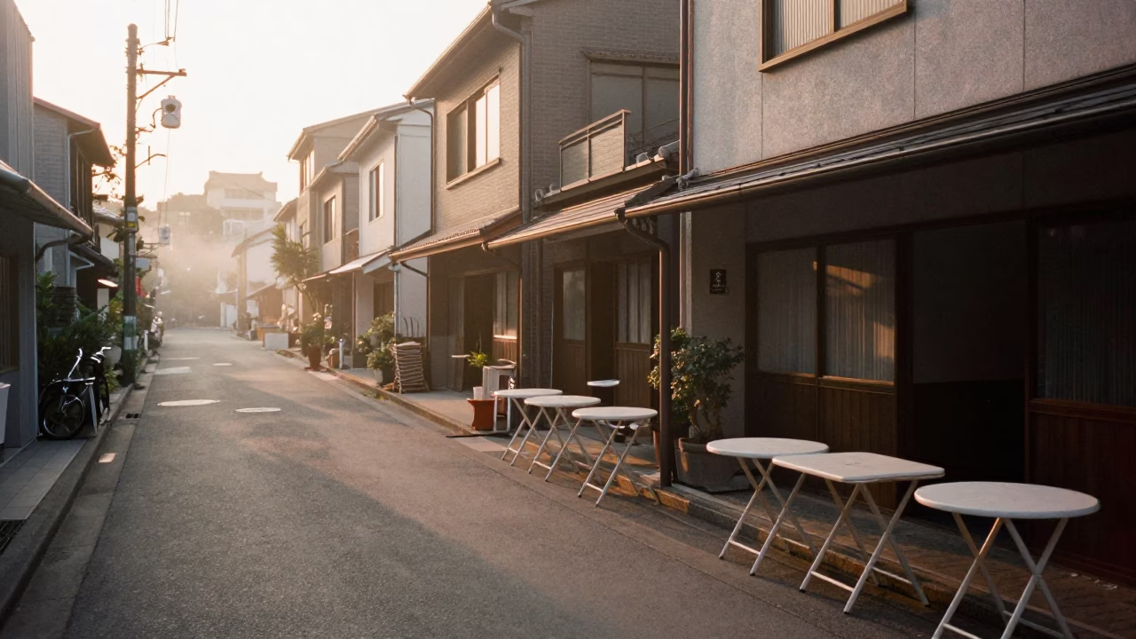 Street Scene in Fukuoka at As First Light Reaches The Scene in in Fukuoka, Japan