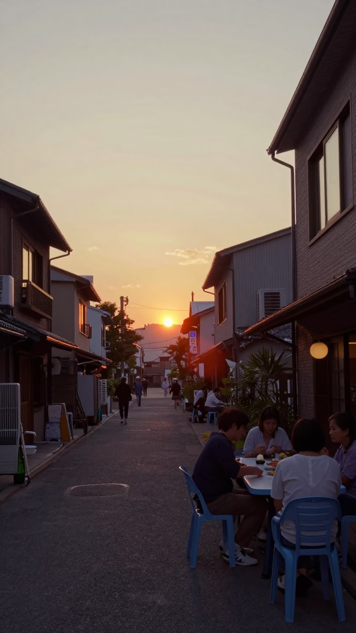 Street Scene in Fukuoka at As The Sun Drops Toward The Horizon in in Fukuoka, Japan