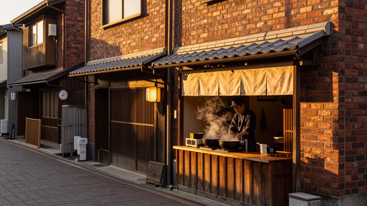 Street Scene in Fukuoka at Honeyed Evening Light in in Fukuoka, Japan