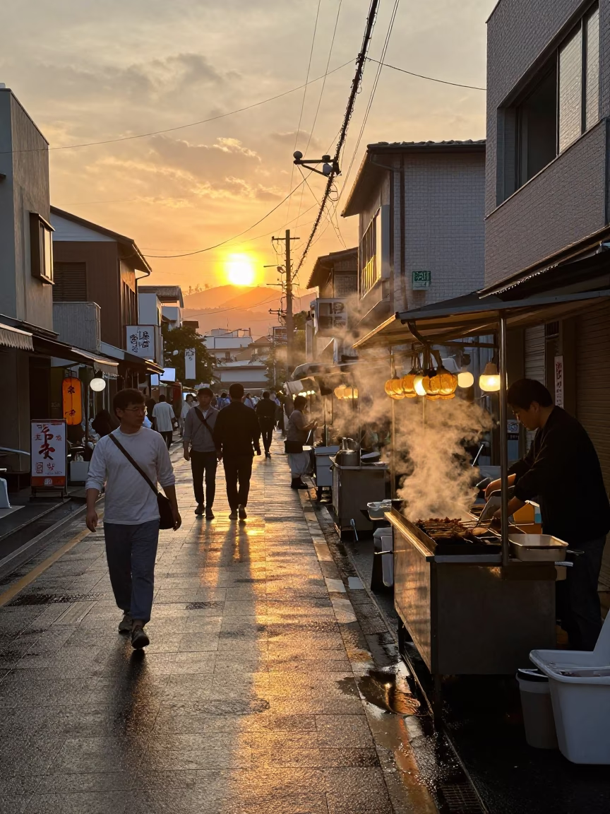 Street Scene in Fukuoka at Honeyed Evening Light in in Fukuoka, Japan