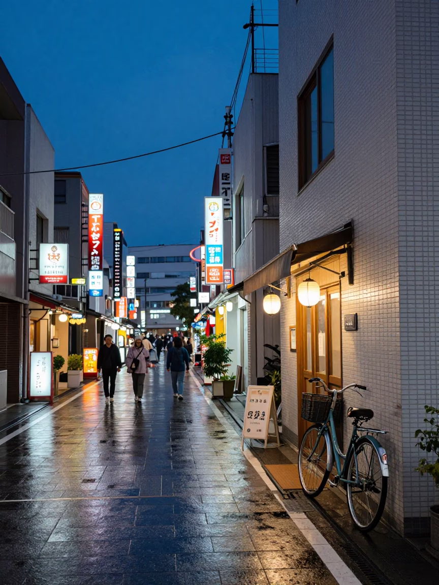 Street Scene in Fukuoka at Indigo Twilight After Sunset in in Fukuoka, Japan