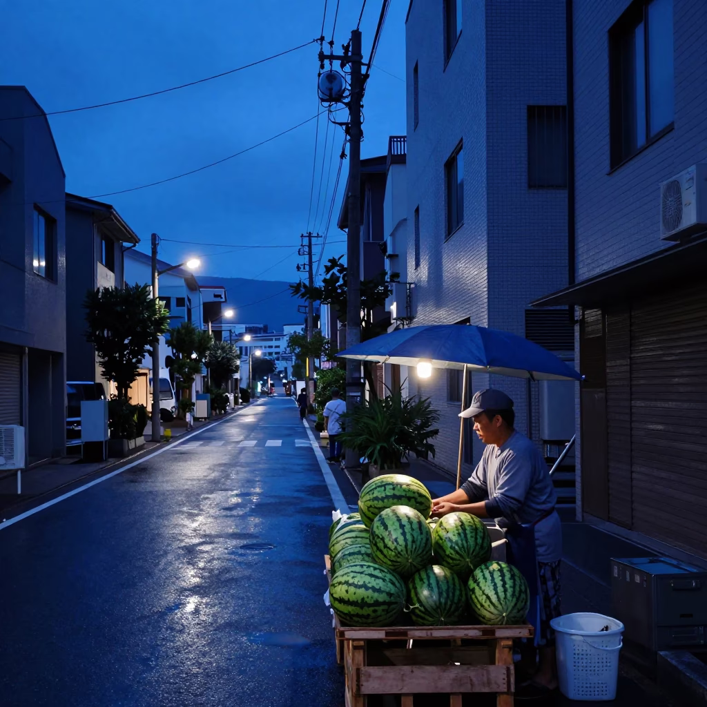 Street Scene in Fukuoka at Indigo Twilight After Sunset in in Fukuoka, Japan