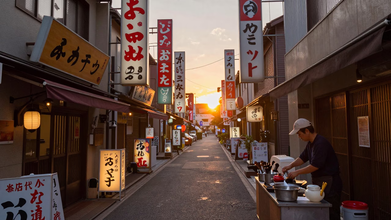 Street Scene in Fukuoka at Sunset Light in in Fukuoka, Japan
