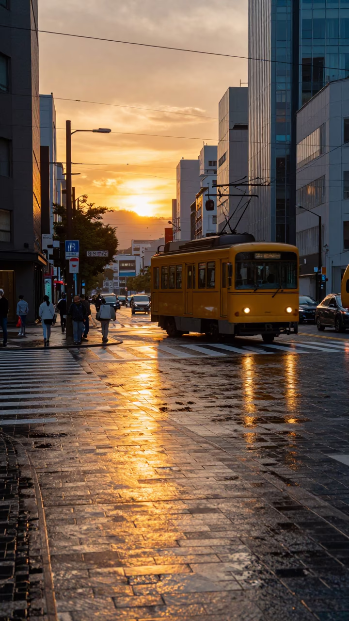 Street Scene in Fukuoka at Sunset Light in in Fukuoka, Japan