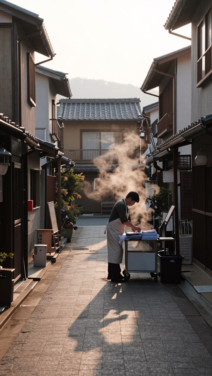 Street Scene in Fukuoka at The Early Morning Light in in Fukuoka, Japan