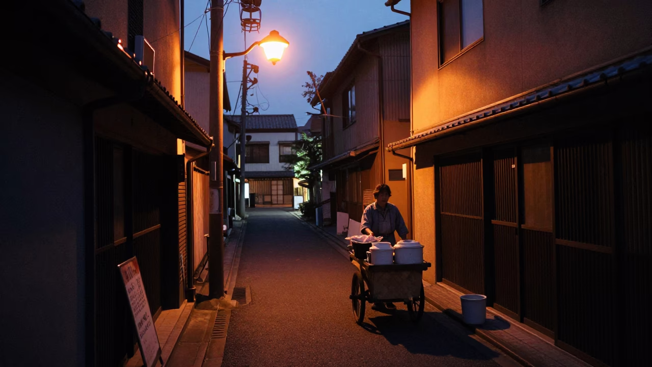 Street Scene in Fukuoka at The Predawn Darkness Light in in Fukuoka, Japan