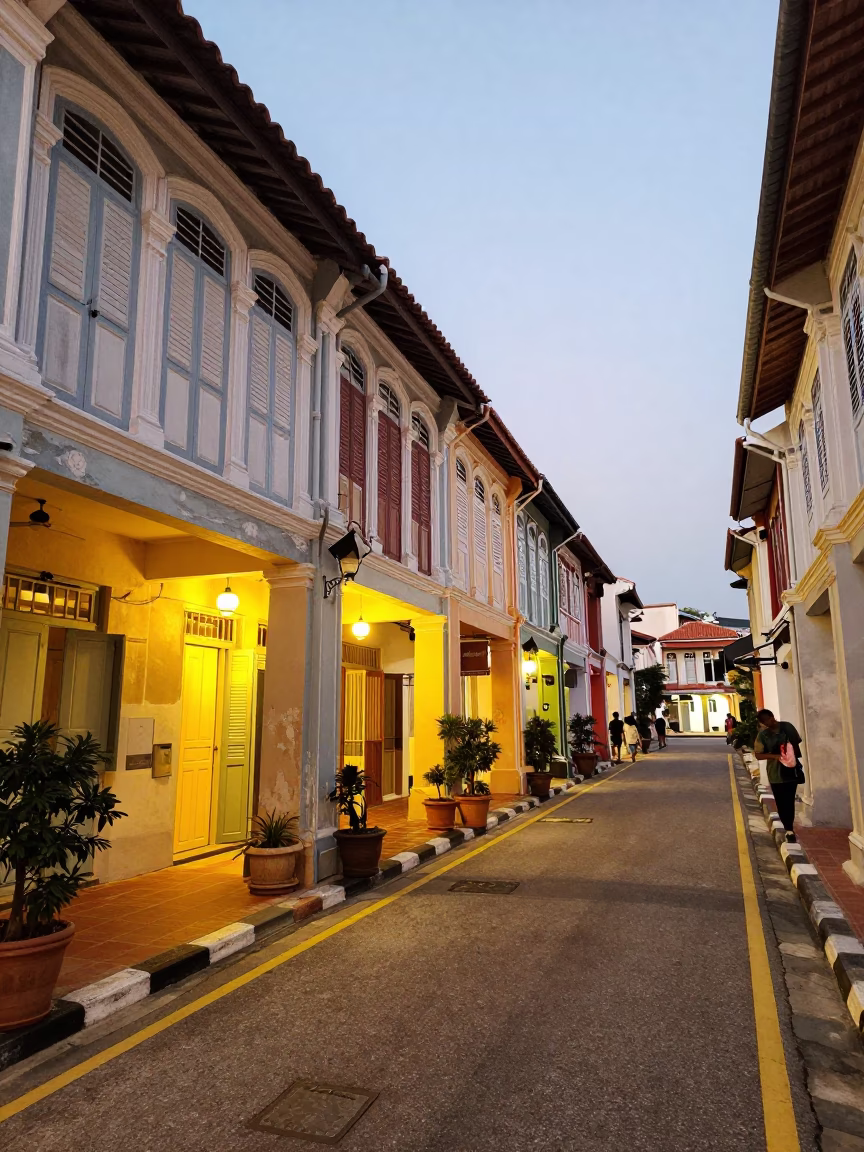 Street Scene in George Town at As City Lights Begin To Glow in in George Town, Malaysia