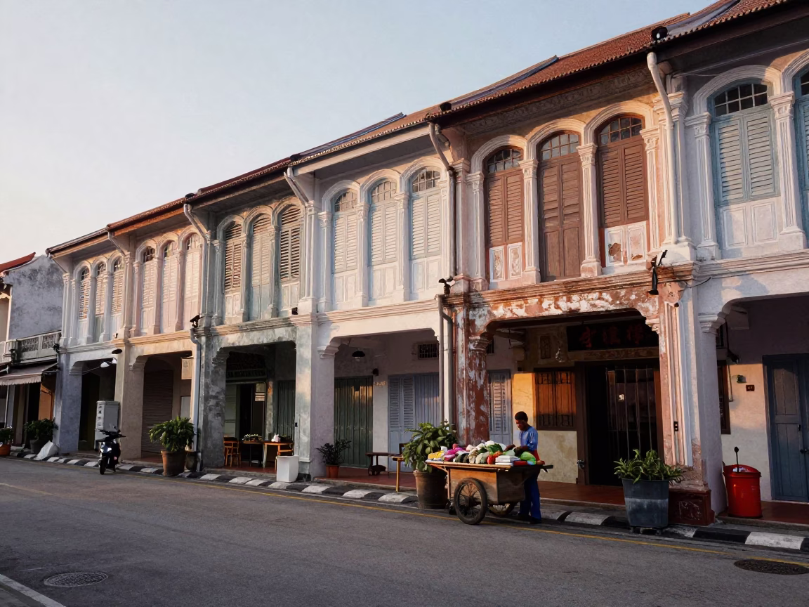Street Scene in George Town at As First Light Reaches The Scene in in George Town, Malaysia