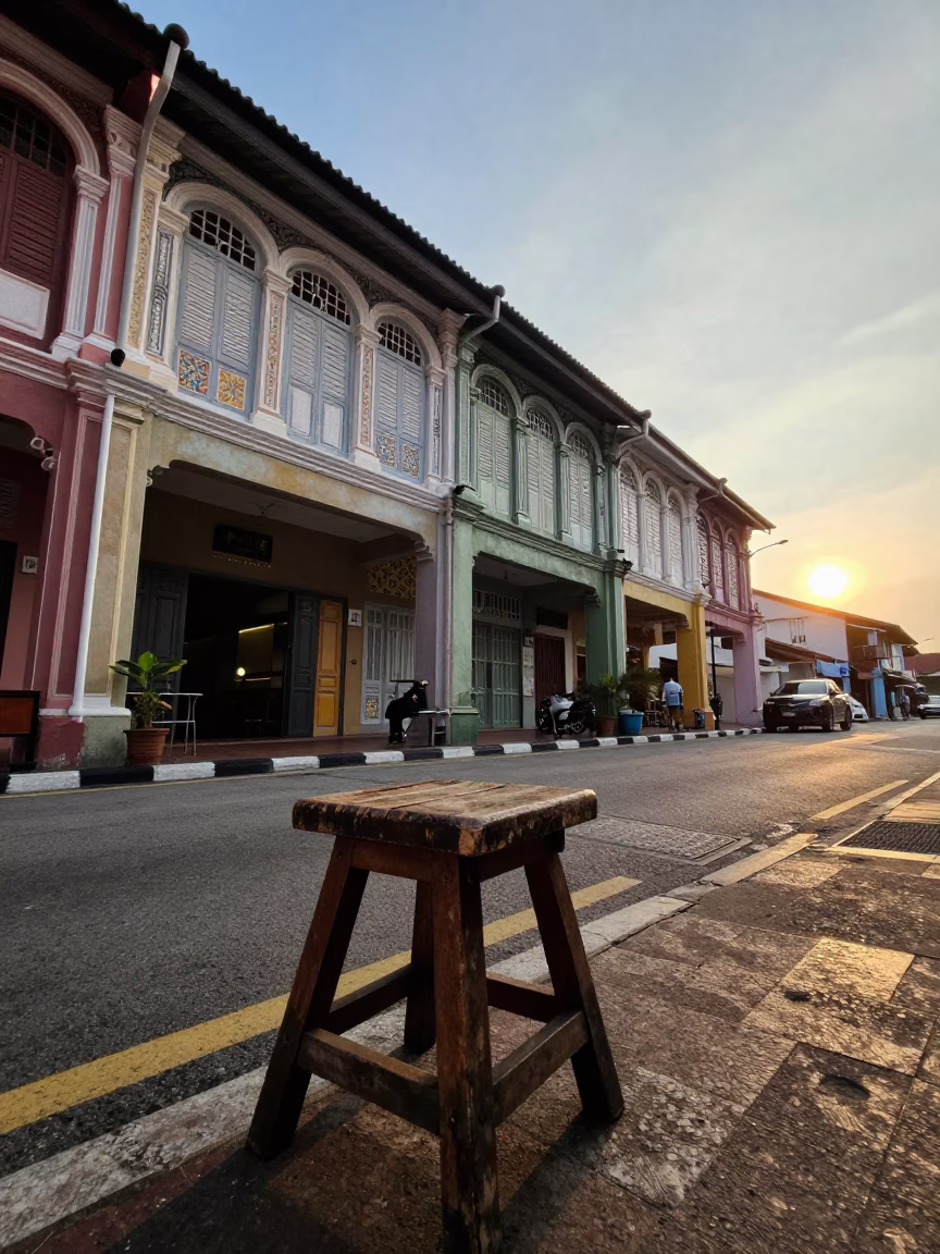 Street Scene in George Town at As The Sun Drops Toward The Horizon in in George Town, Malaysia