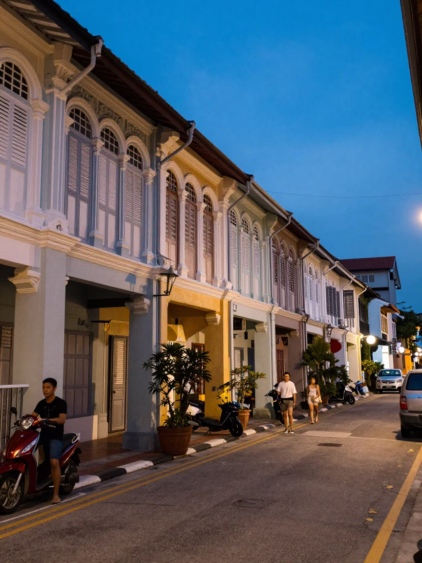 Street Scene in George Town at Blue Hour in in George Town, Malaysia