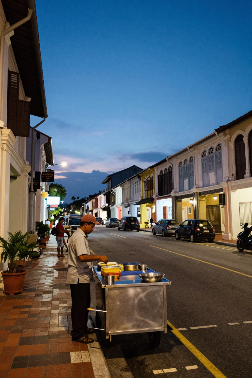 Street Scene in George Town at Blue Hour in in George Town, Malaysia