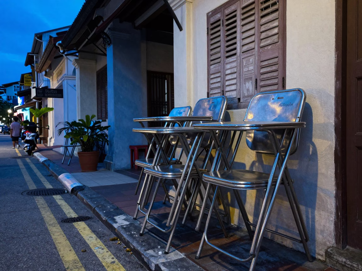 Street Scene in George Town at Blue Hour in in George Town, Malaysia