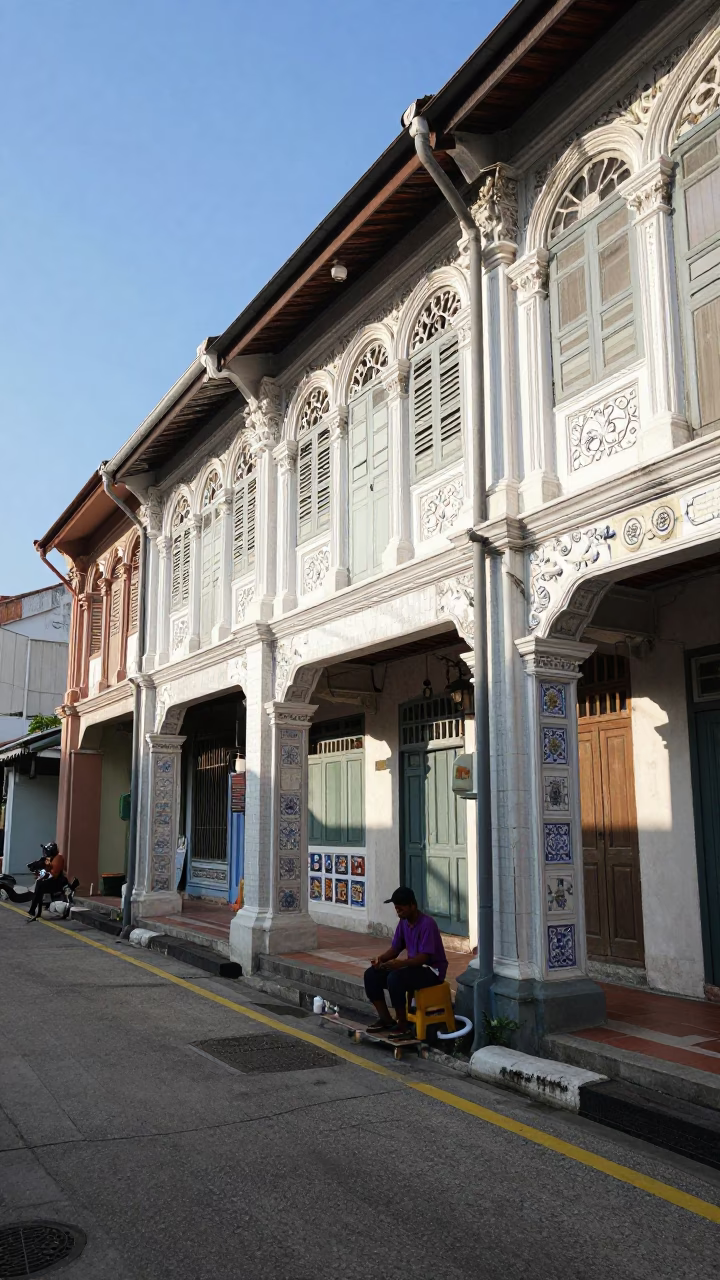Street Scene in George Town at Clear Late-afternoon Light in in George Town, Malaysia