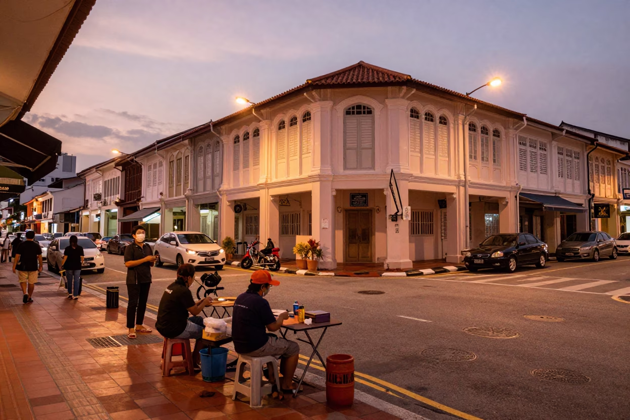 Street Scene in George Town at Copper-toned Light Before Dusk in in George Town, Malaysia