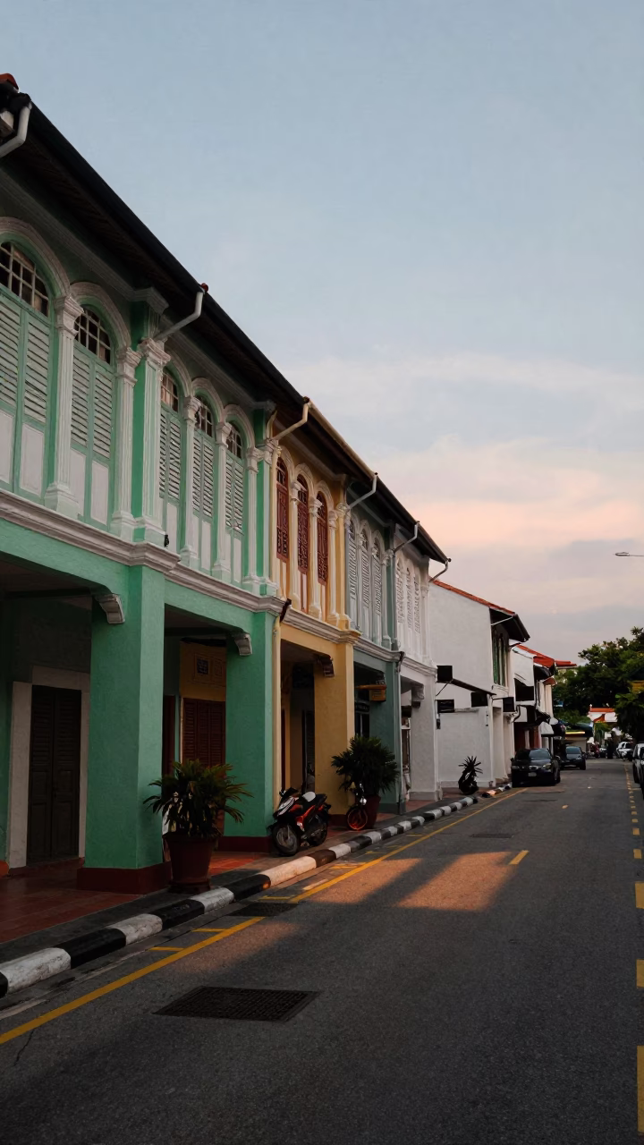 Street Scene in George Town at Evening Light in in George Town, Malaysia