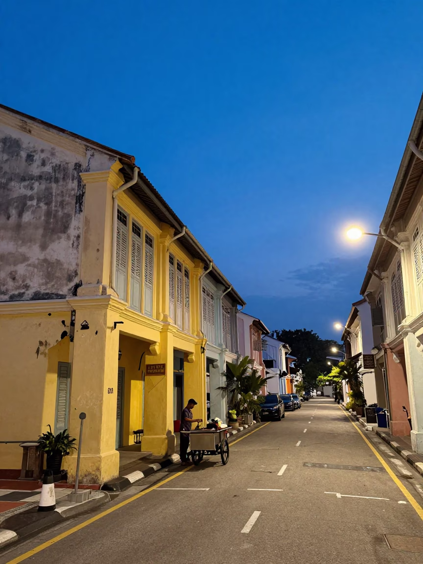 Street Scene in George Town at Indigo Twilight After Sunset in in George Town, Malaysia