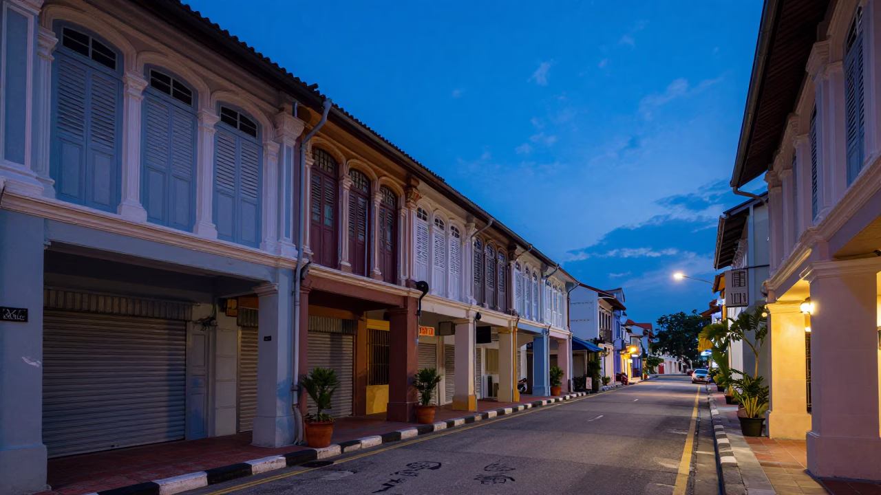 Street Scene in George Town at Indigo Twilight After Sunset in in George Town, Malaysia