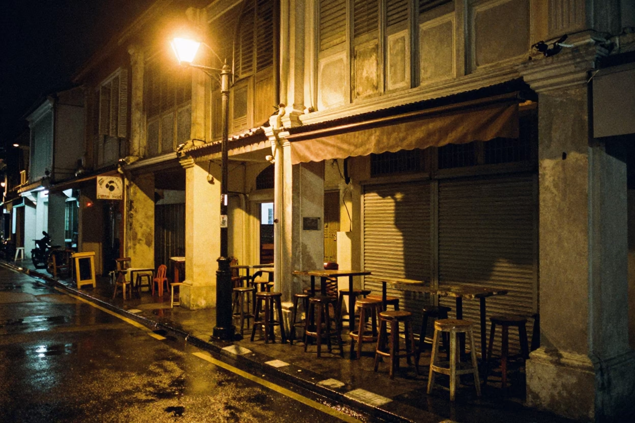 Street Scene in George Town at Late At Night Light in in George Town, Malaysia