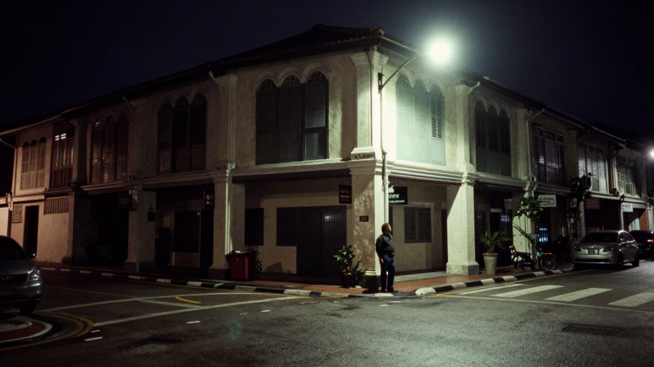 Street Scene in George Town at Midnight Light in in George Town, Malaysia