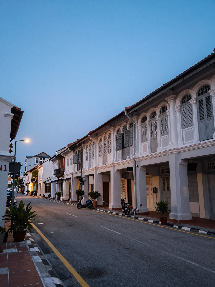 Street Scene in George Town at Nautical Dawn Light in in George Town, Malaysia