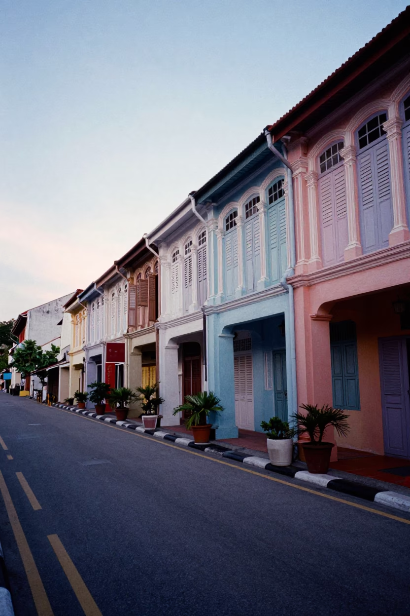 Street Scene in George Town at Sunrise Light in in George Town, Malaysia