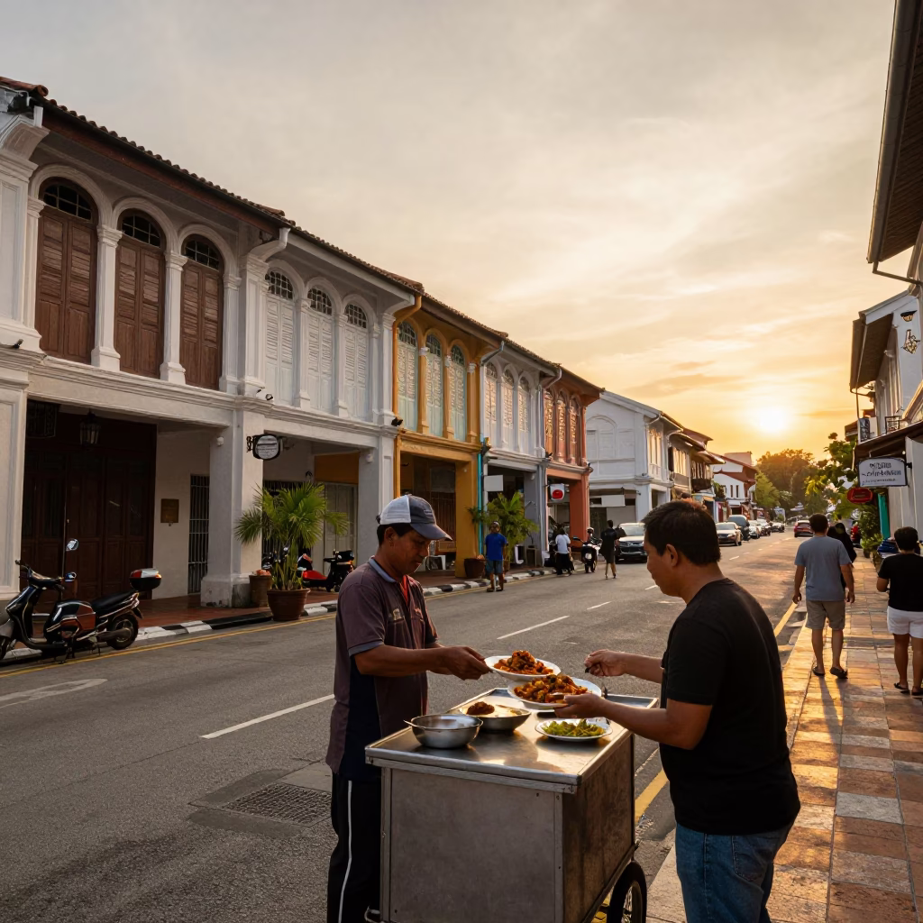 Street Scene in George Town at Sunset Light in in George Town, Malaysia