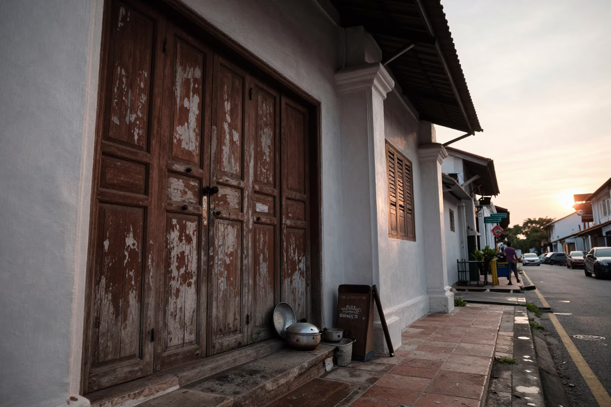 Street Scene in George Town at Sunset Light in in George Town, Malaysia