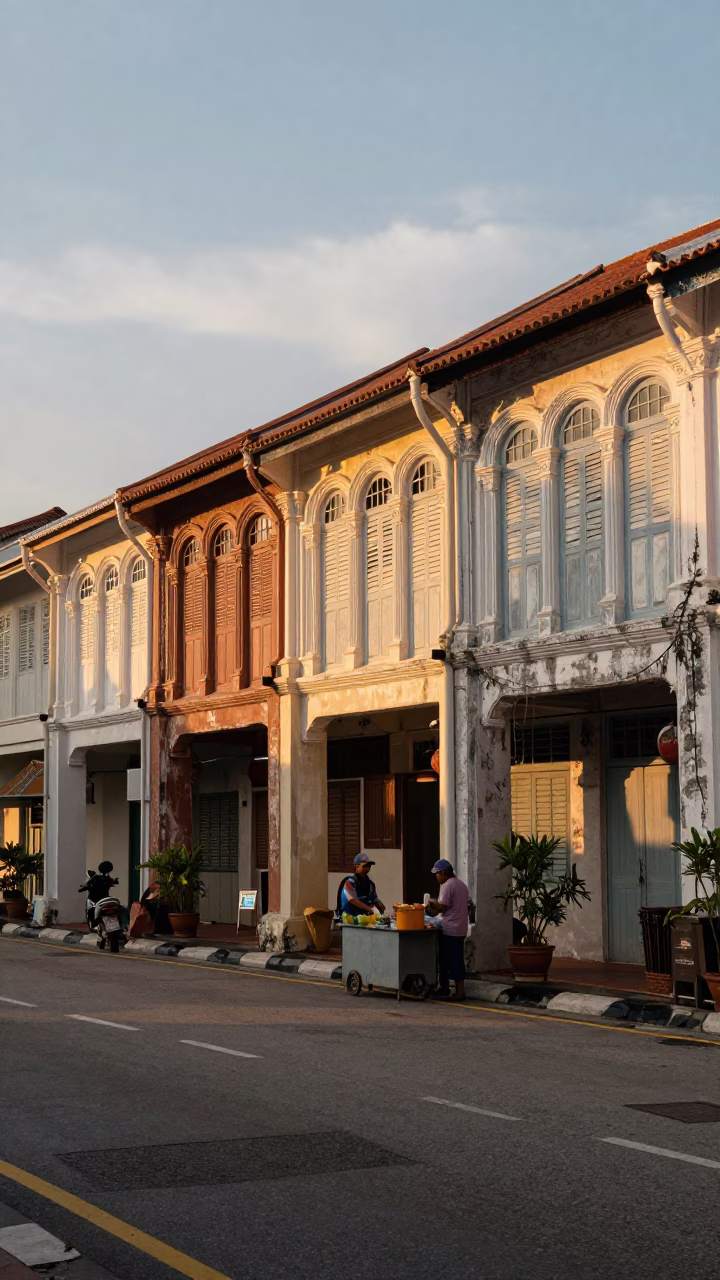 Street Scene in George Town at Sunset Light in in George Town, Malaysia