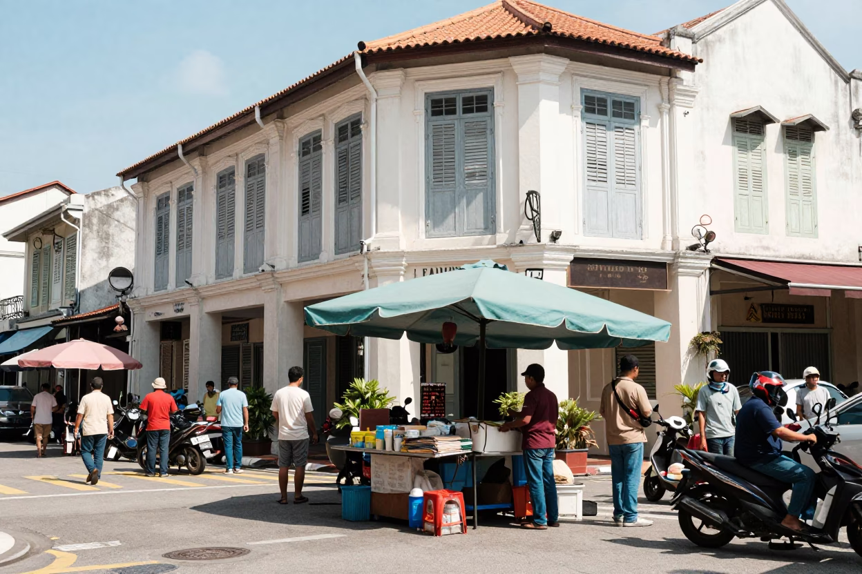 Street Scene in George Town at The Flat Glare Of Noon Light in in George Town, Malaysia
