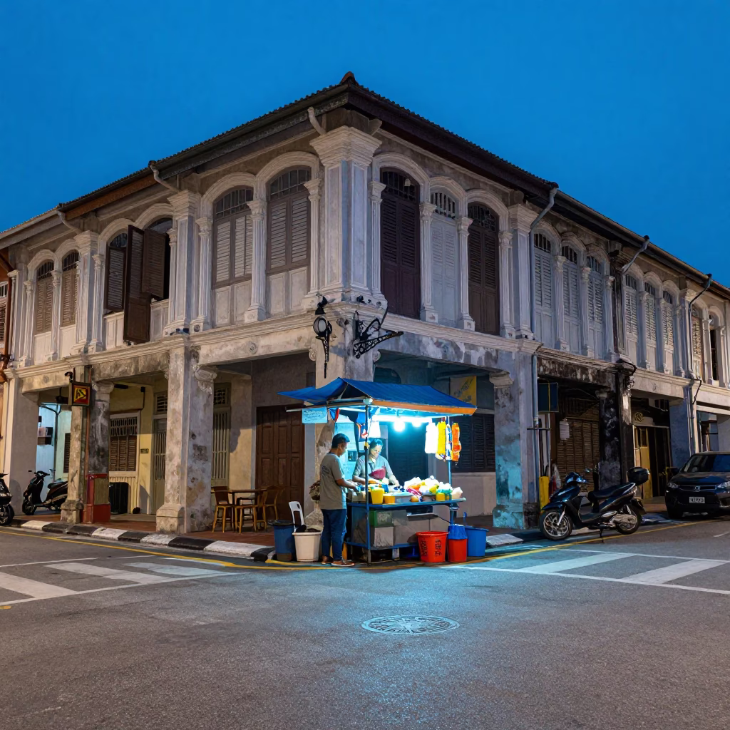 Street Scene in George Town at The Last Blue Light Of Evening in in George Town, Malaysia