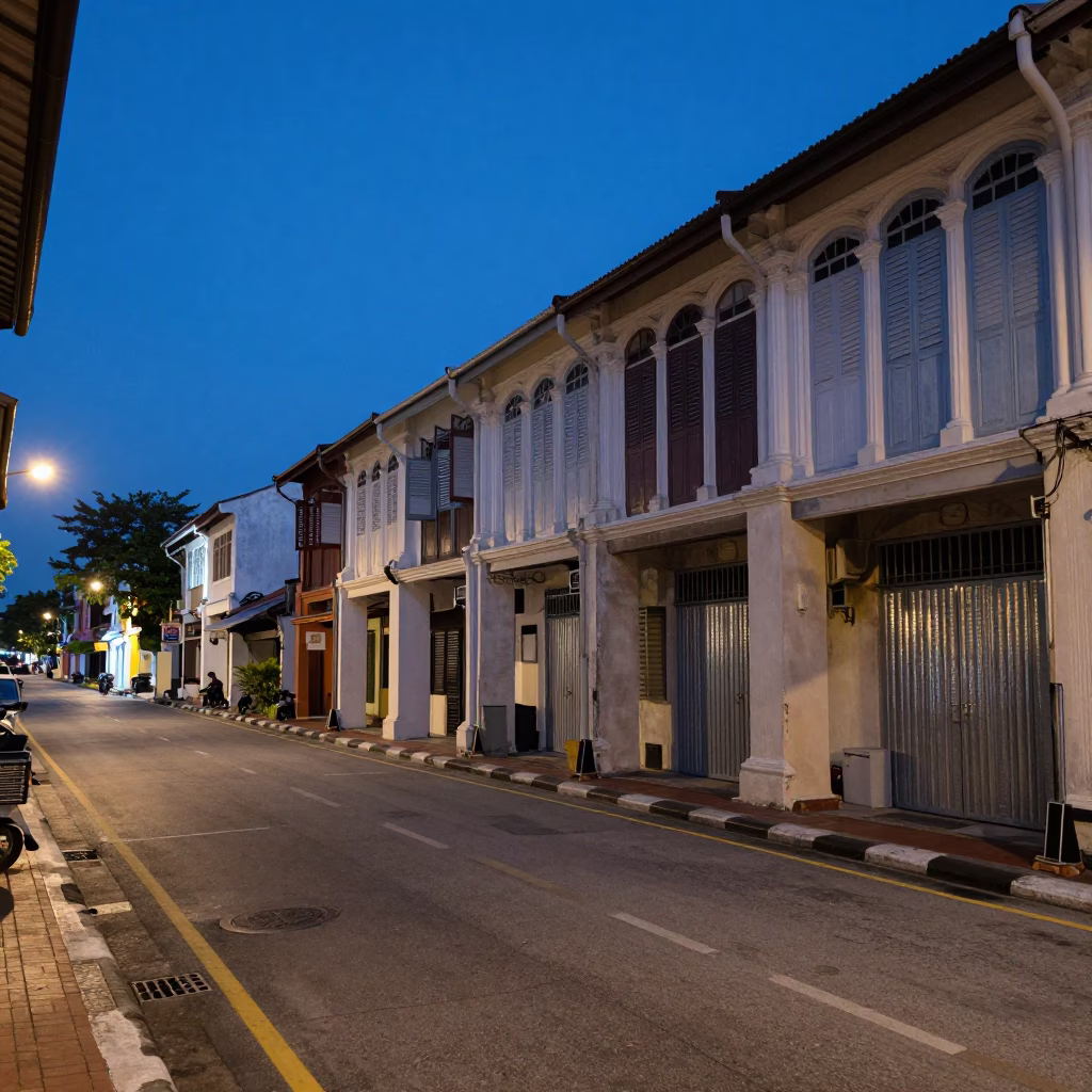Street Scene in George Town at The Predawn Darkness Light in in George Town, Malaysia