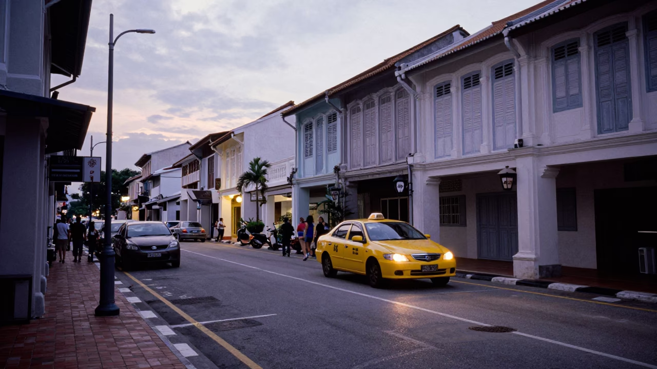 Street Scene in George Town at The Still Hours Before Dawn Light in in George Town, Malaysia