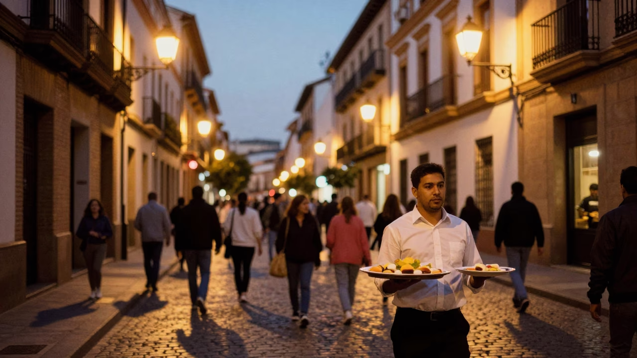 Street Scene in Granada at As City Lights Begin To Glow in in Granada, Spain