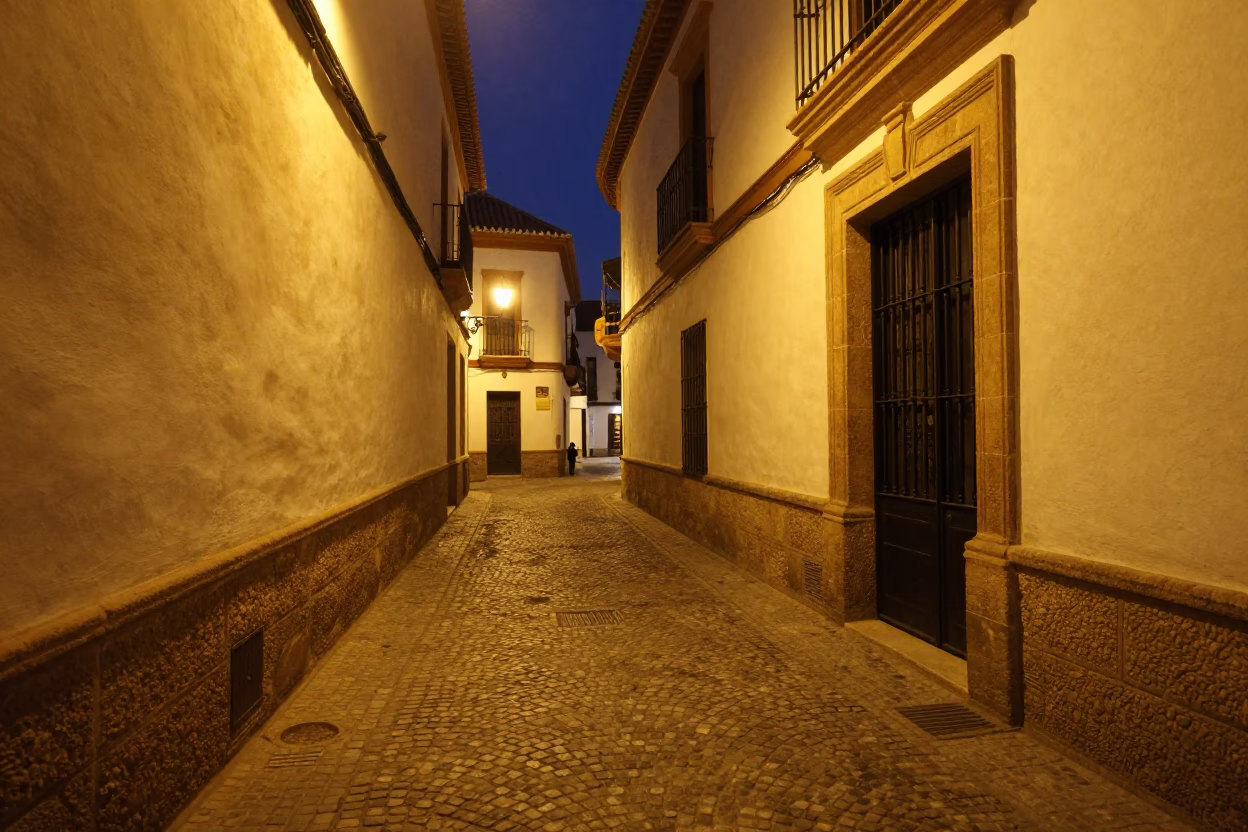 Street Scene in Granada at Deep In The Night Light in in Granada, Spain