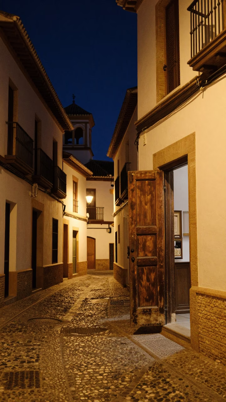 Street Scene in Granada at The Deepest Night Sky Light in in Granada, Spain