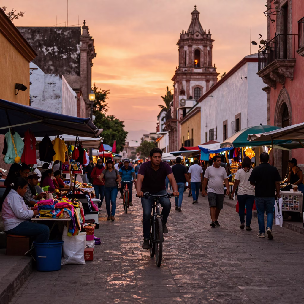 Street Scene in Guadalajara at Copper-toned Light Before Dusk in in Guadalajara, Mexico