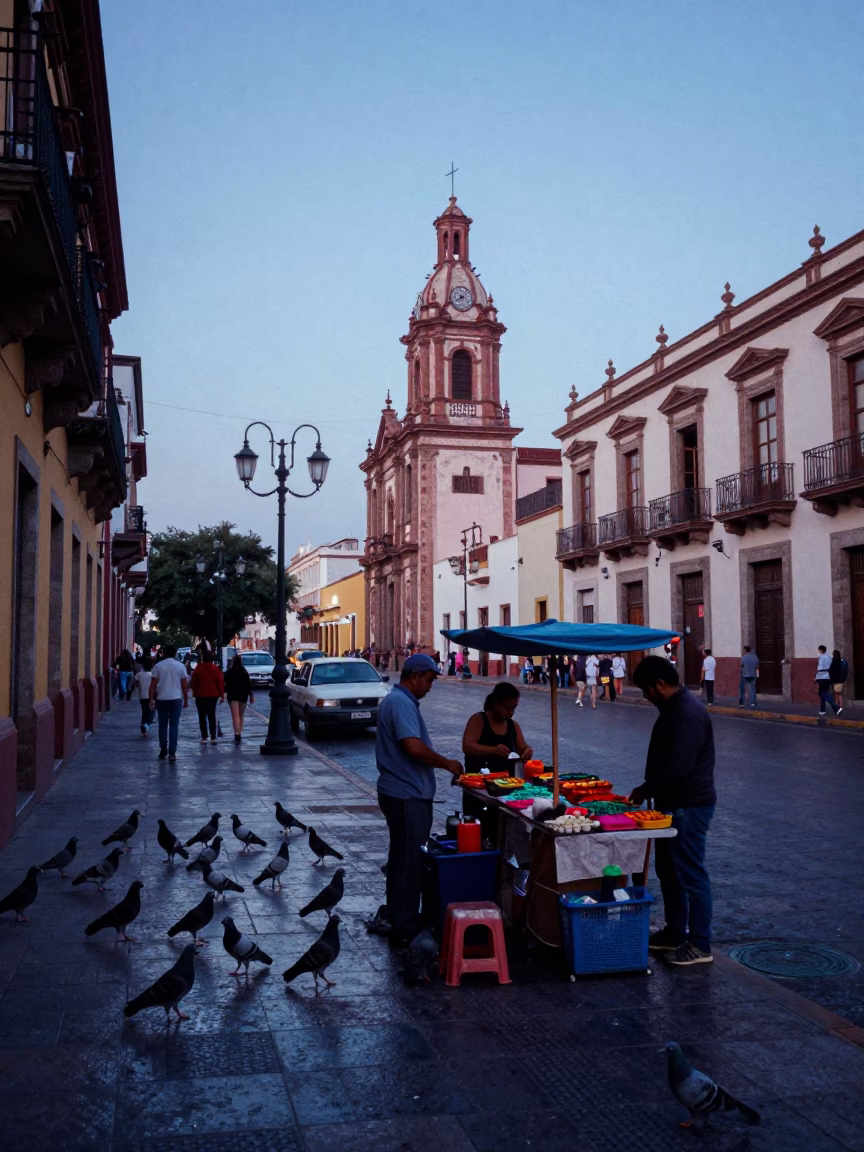 Street Scene in Guadalajara at Nautical Dawn Light in in Guadalajara, Mexico