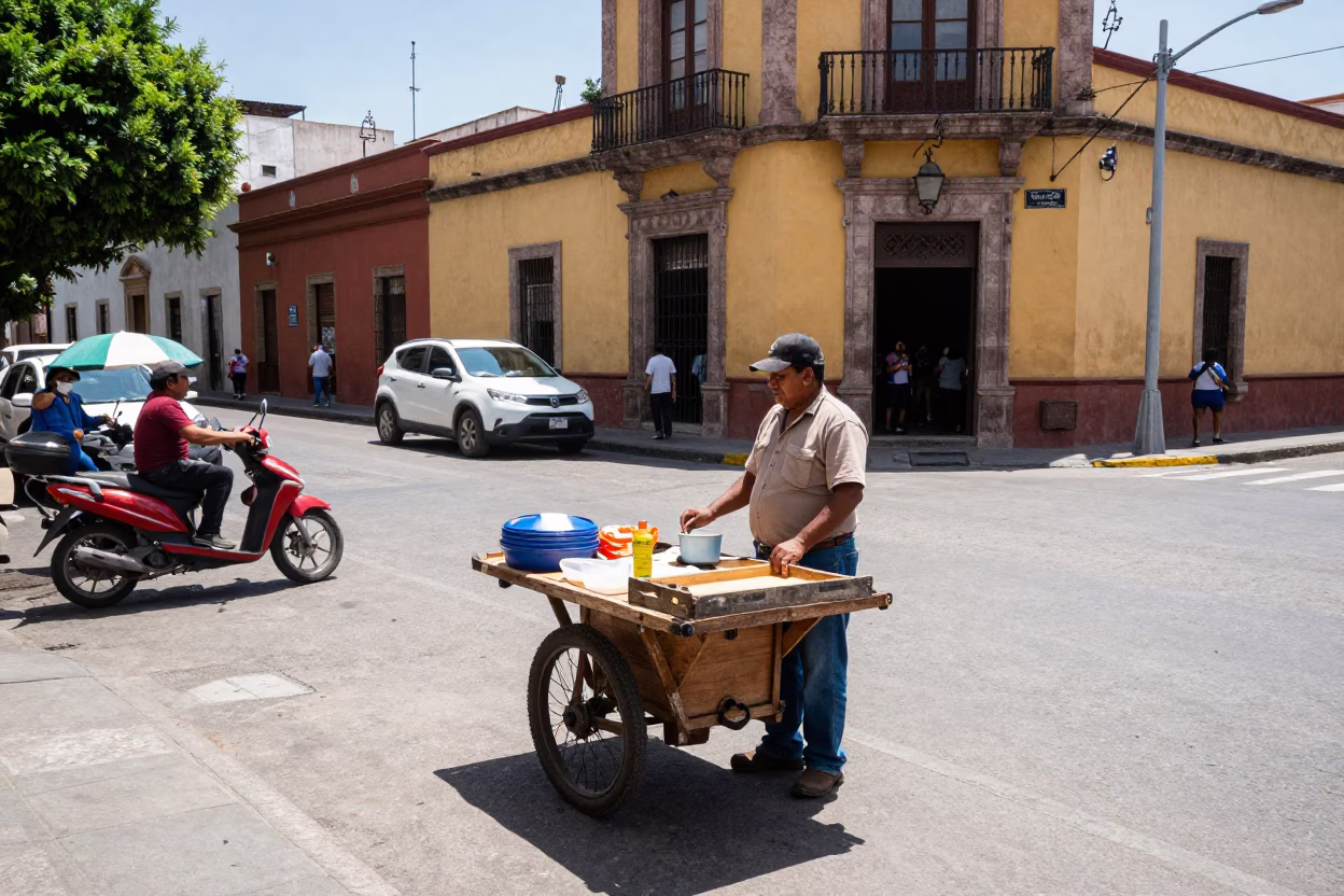 Street Scene in Guadalajara at The Flat Glare Of Noon Light in in Guadalajara, Mexico