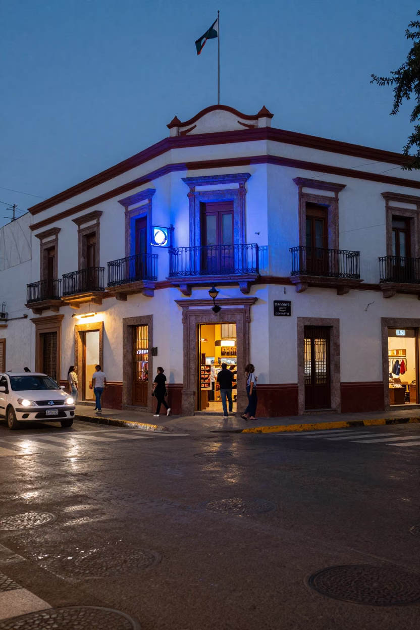 Street Scene in Guadalajara at The Last Blue Light Of Evening in in Guadalajara, Mexico
