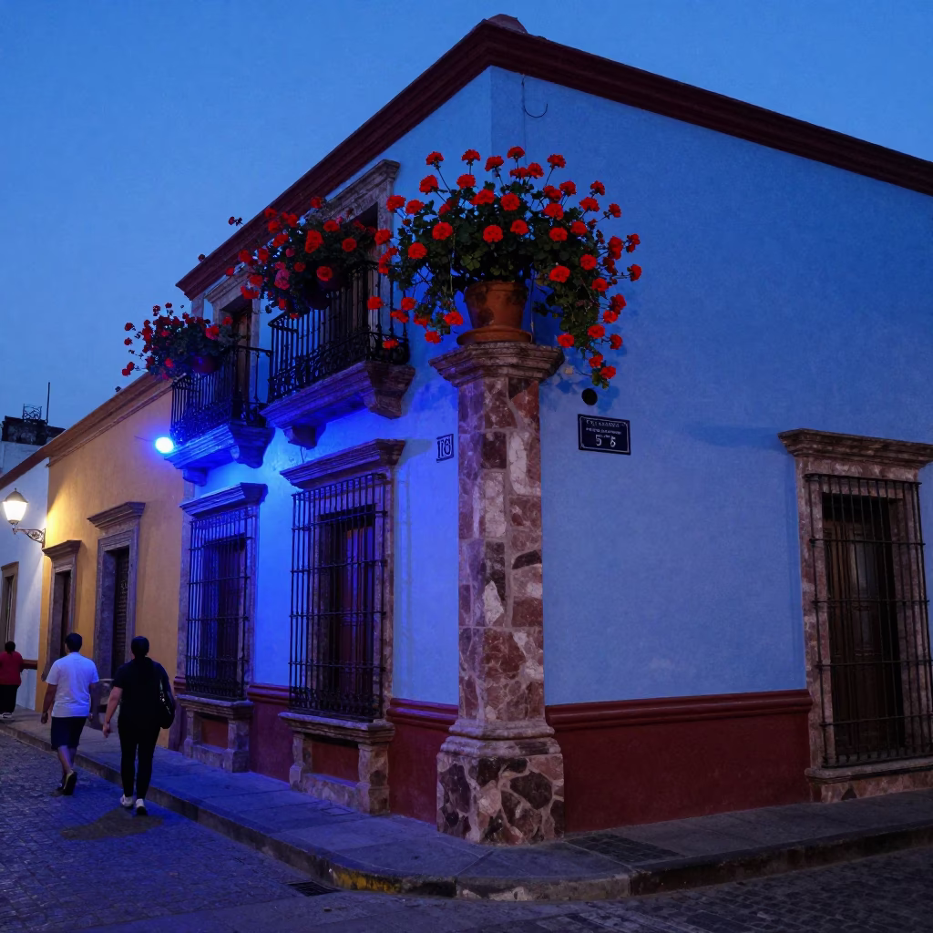 Street Scene in Guadalajara at The Last Blue Light Of Evening in in Guadalajara, Mexico