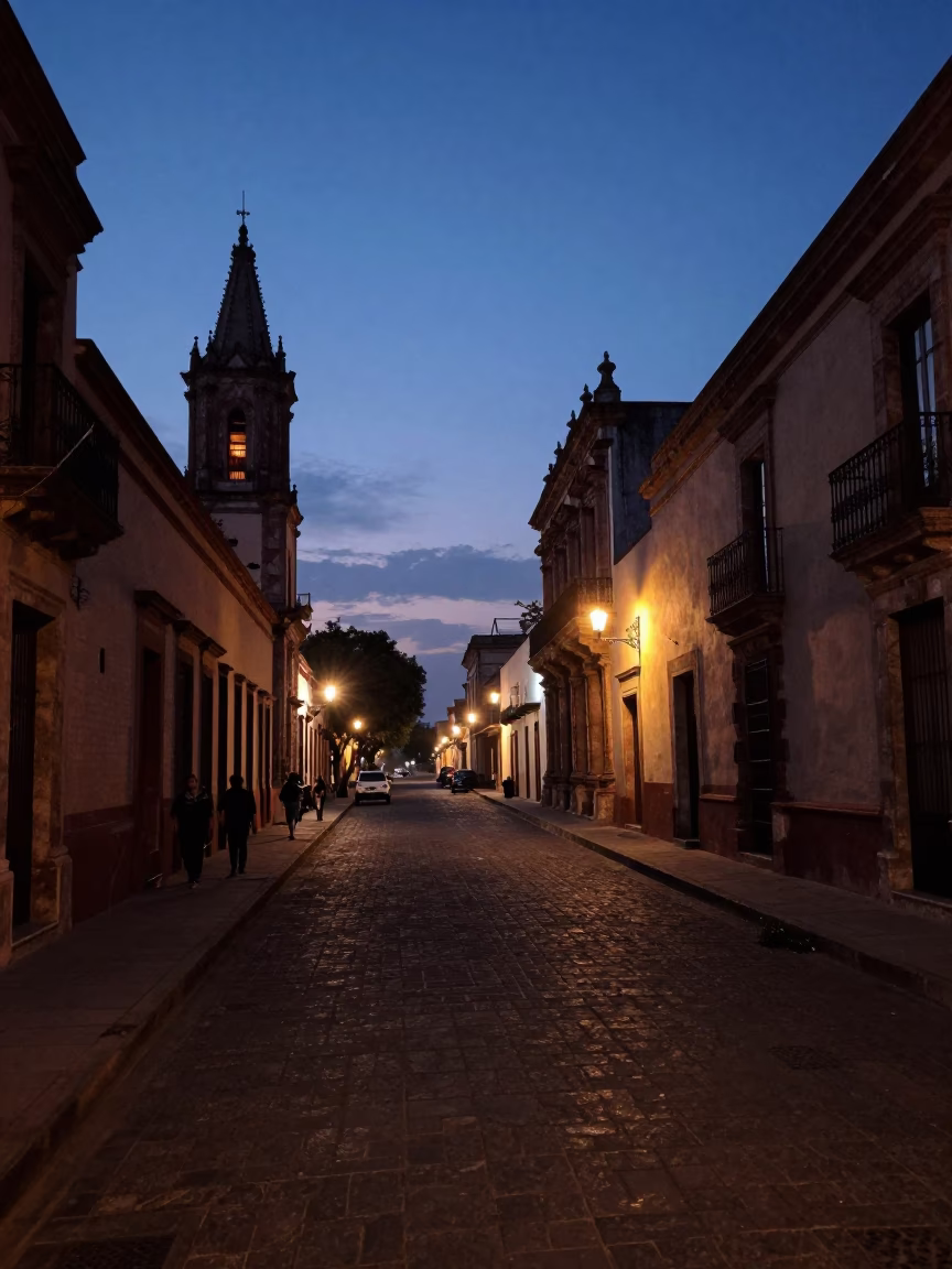Street Scene in Guadalajara at The Still Hours Before Dawn Light in in Guadalajara, Mexico