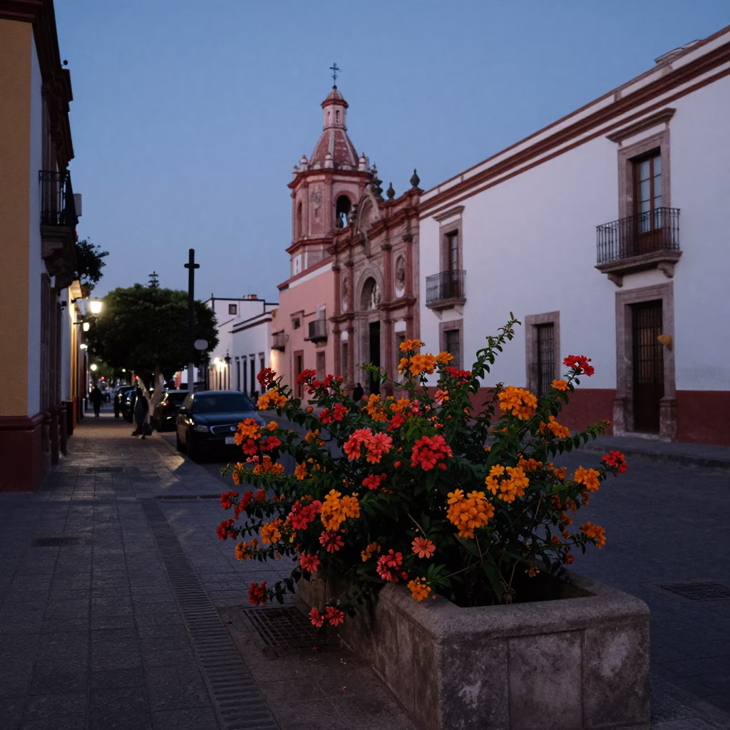 Street Scene in Guadalajara at The Still Hours Before Dawn Light in in Guadalajara, Mexico