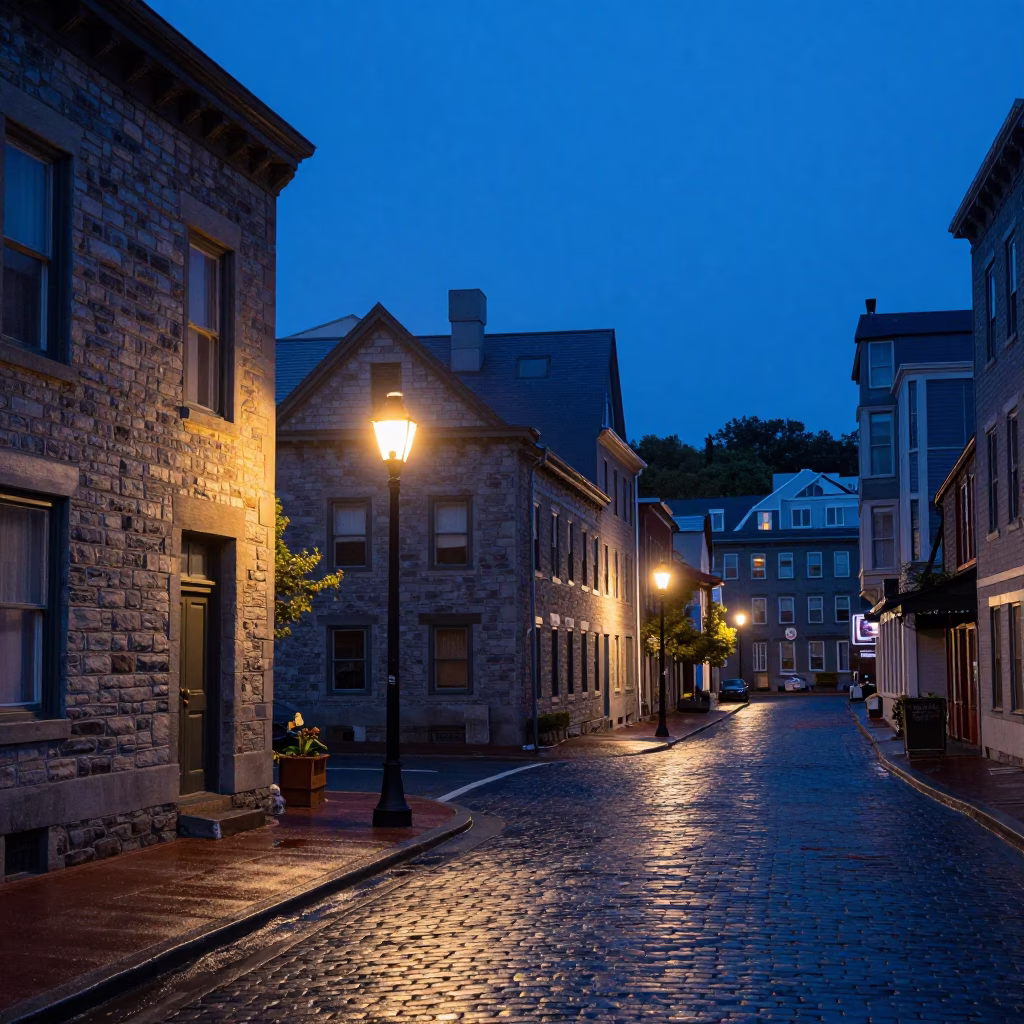 Street Scene in Halifax at Indigo Twilight After Sunset in in Halifax, Nova Scotia, Canada