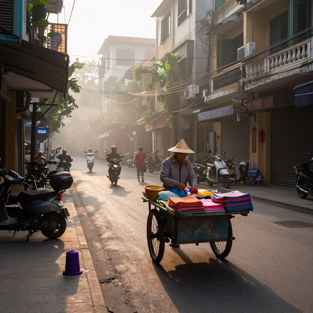 Street Scene in Hanoi at First Light Of Dawn in in Hanoi, Vietnam
