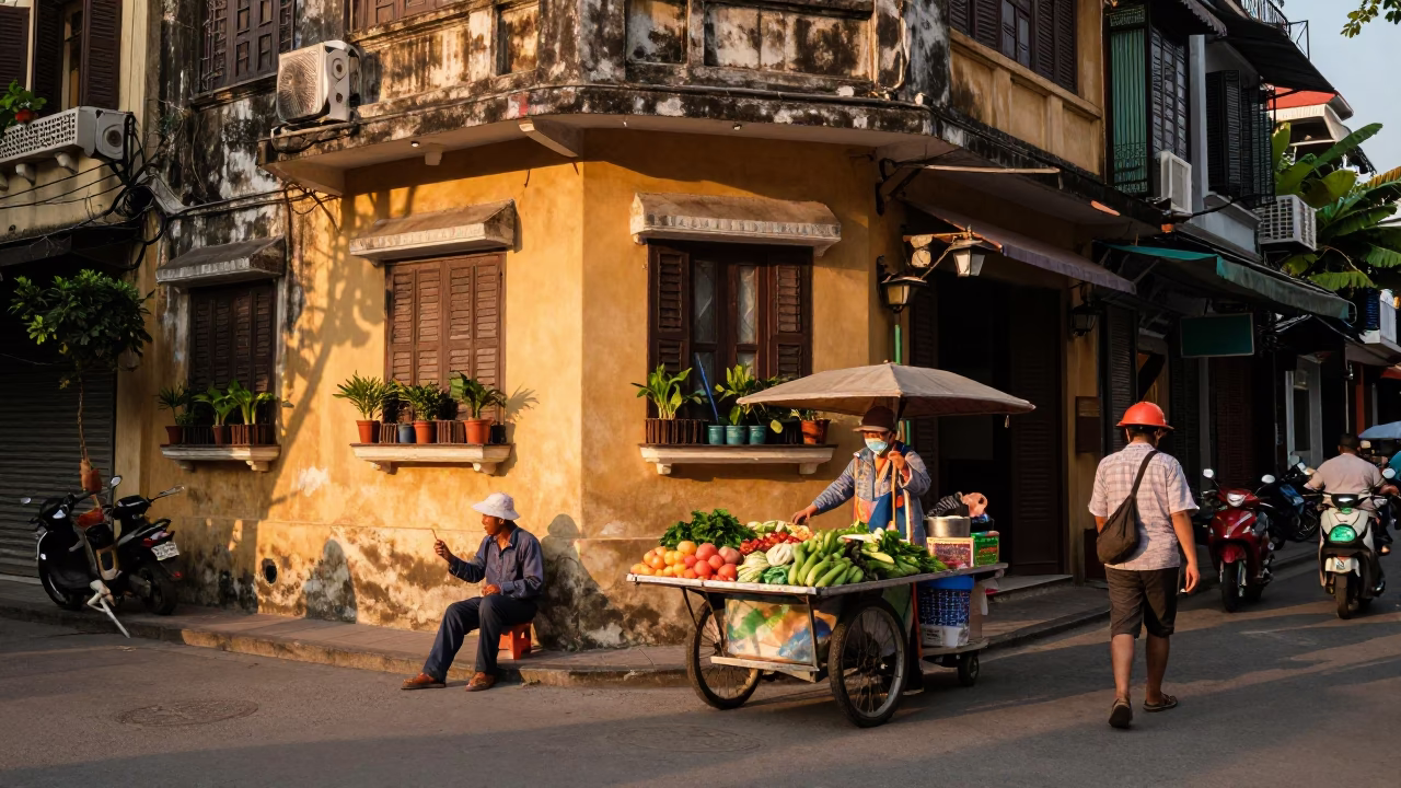 Street Scene in Hanoi at Honeyed Evening Light in in Hanoi, Vietnam