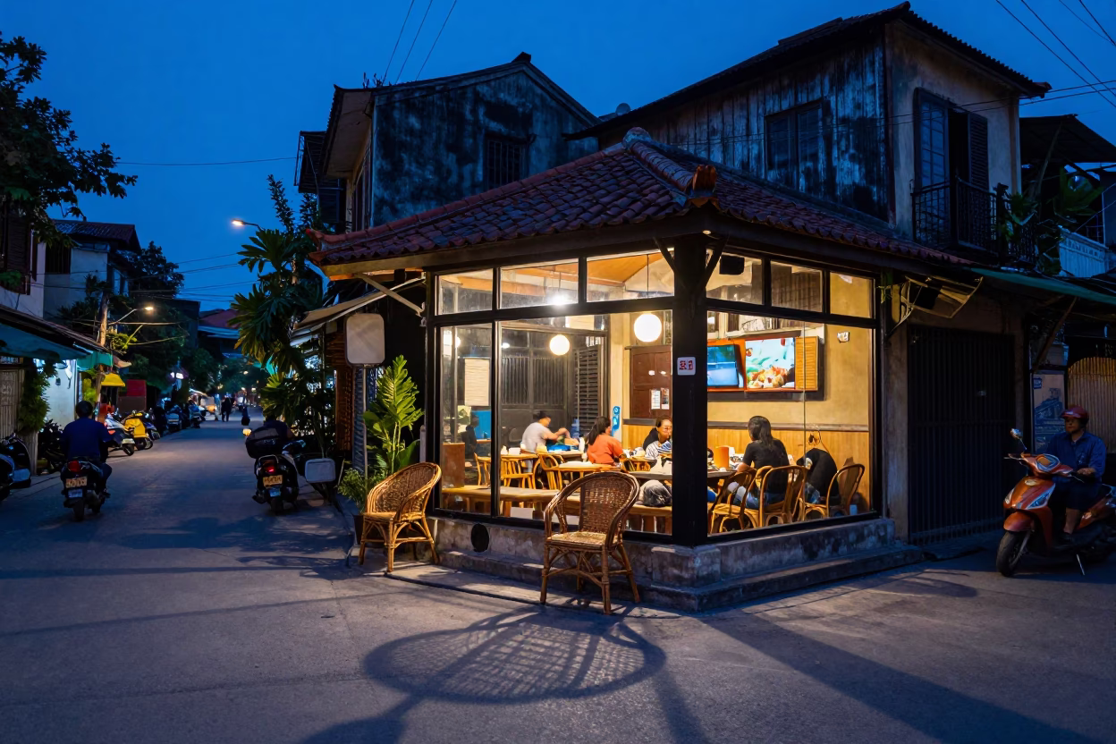Street Scene in Hanoi at Indigo Twilight After Sunset in in Hanoi, Vietnam