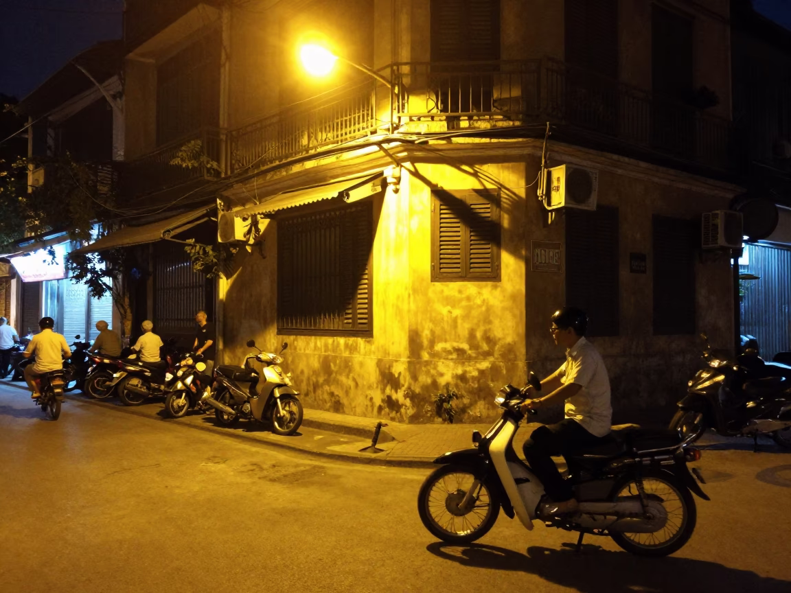 Street Scene in Hanoi at Late At Night Light in in Hanoi, Vietnam