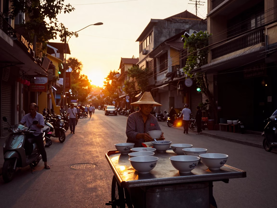 Street Scene in Hanoi at Sunset Light in in Hanoi, Vietnam
